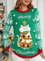 Ugly Sweater Christmas Xmas Sweaters Women 2024 Cartoon Cat Appliques Sequined New Year Pullover Top Jumper Long Sleeve Winter