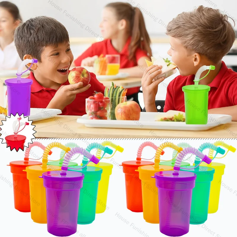 

Kids Party Cups 6 Pack Neon Reusable Straw Tumblers with Lids Unbreakable Non Spill Drinkware for School Events Celebrations