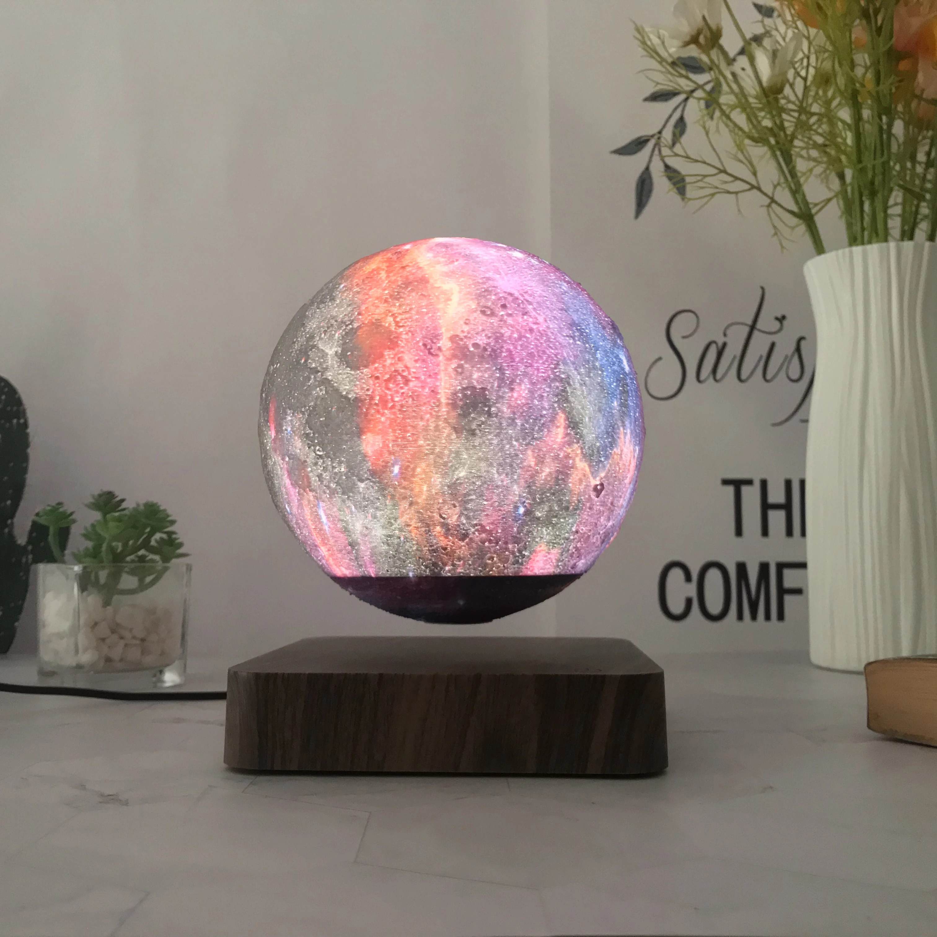 Levitating Moon Magnetic Floating Night Light Automatic Rotation 3D Galaxy Star Lamp Three-color Touch For Gift Office Bedroom