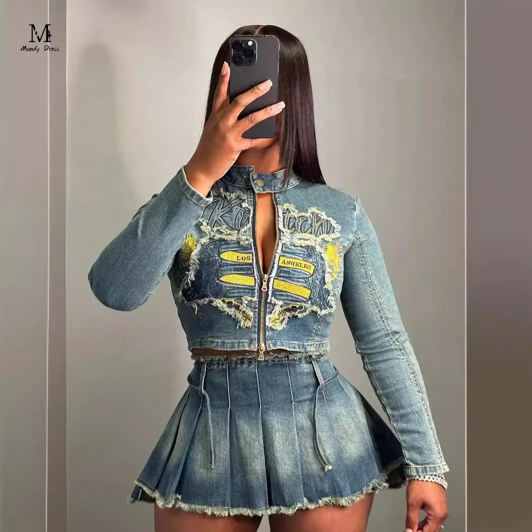 

Fashion Stretch Denim Suit Women Embroidery Jacket Pleated Skirt Outfits Streetwear Lady 2 Two Piece Matching Sets 2024