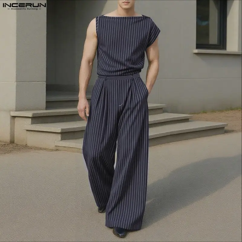 

INCERUN Men Striped Sets Sleeveless Tank Tops & Wide Leg Pants Two Pieces Sets Loose Streetwear Fashion Casual Men's Suits S-5XL