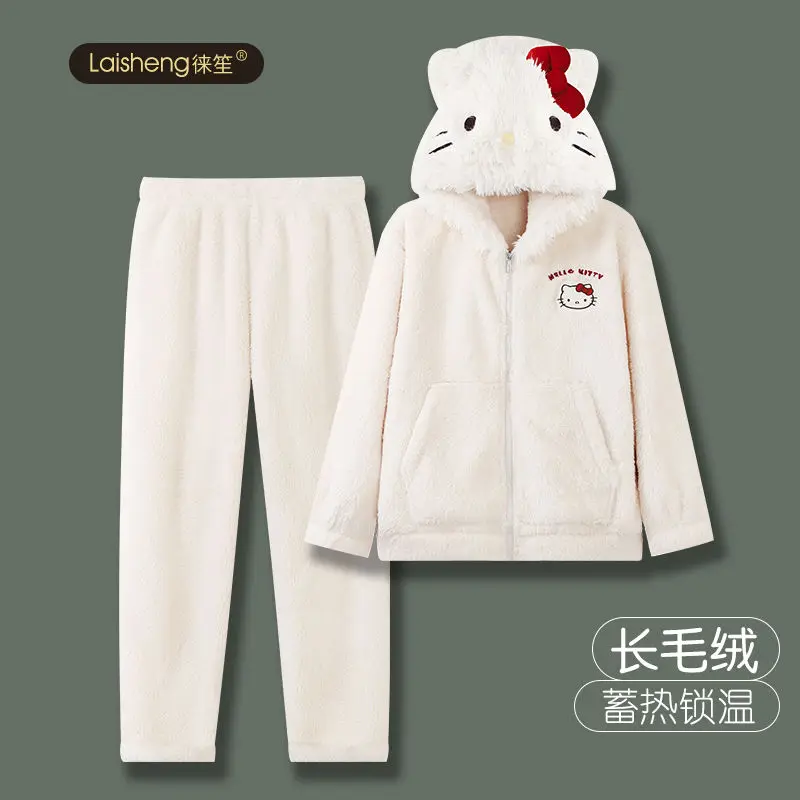 

Kawaii Hello Kitty пижамы с капюшоном, 2 шт., топы с длинными рукавами для девочек, брюки, теплые свободные фланелевые плюшевые милые повседневные комплекты домашней одежды