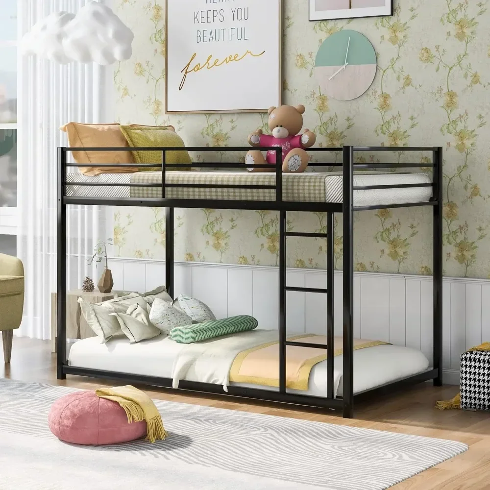 Dormitory Beds, Metal Bunk Bed Twin Over Twin, Low Bunk Bed Frame with Ladder & Guardrail for Teens Adults Dormitory Bedroom