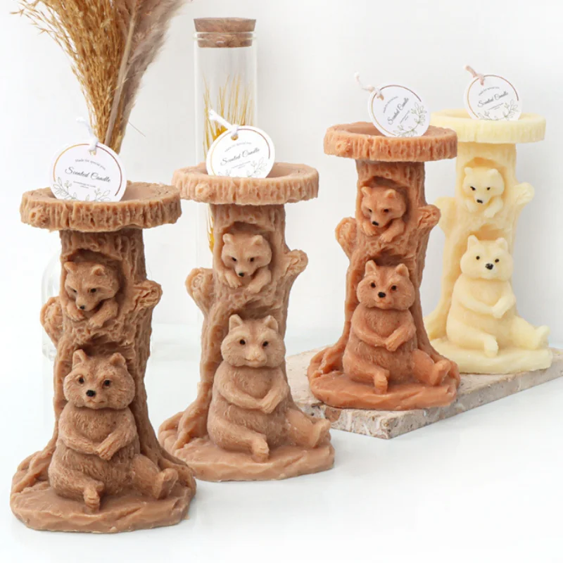 Tree Stump Bear Candle Silicone Mold Sitting Animal Soap Resin Plaster Mould Mother Child Chocolate Making Tool Desk Decor Gifts