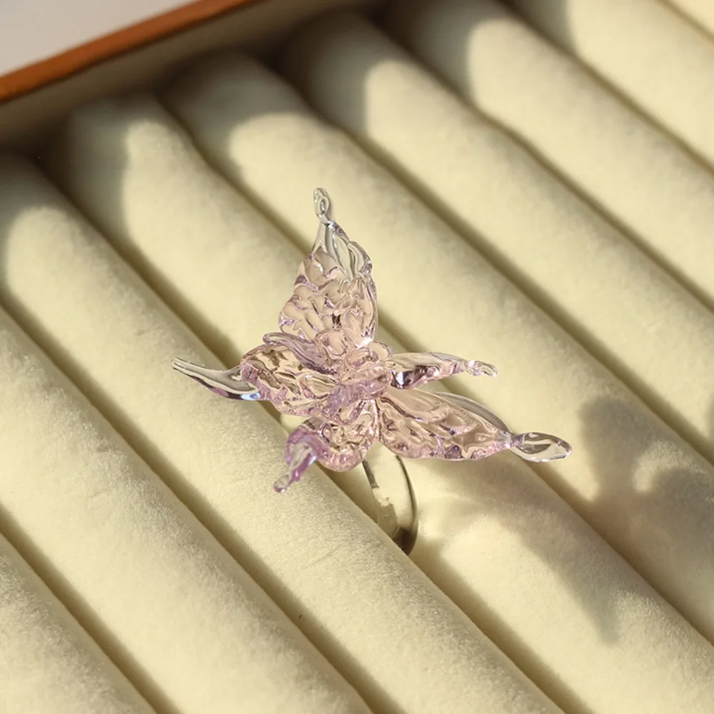 

Handmade Glaze Butterfly Ring Glass Crafts Exquisite Colorful Flower Ring Vintage Jewelry Chinese Dragon Ring