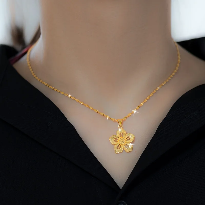 9999 24K real gold flower pendant ethnic style plum blossom collarbone chain retro flower necklace