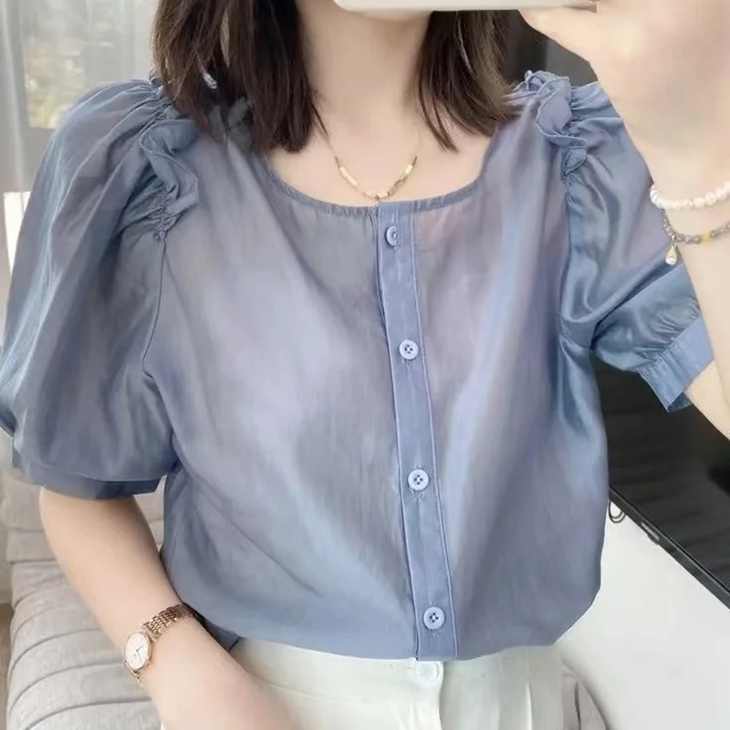 Fashion O-Neck Folds Ruffles Puff Sleeve Chiffon Shirts Women\'s Clothing 2024 Summer New Loose Korean Tops Office Lady Blouses