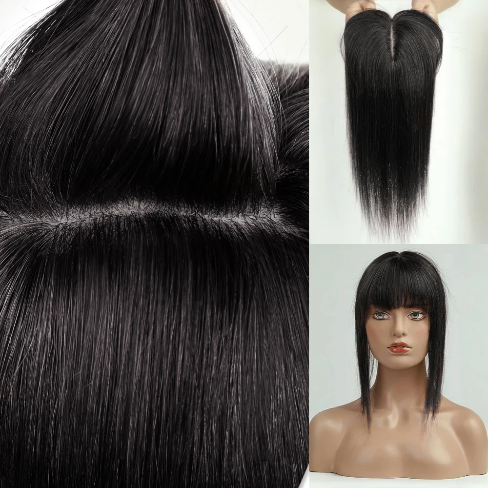 Real Human Hair Toppers with Bangs 150% Density Silk Base Clip in Topper Top Hair Pieces for Women with Thinning Hair Black 10In