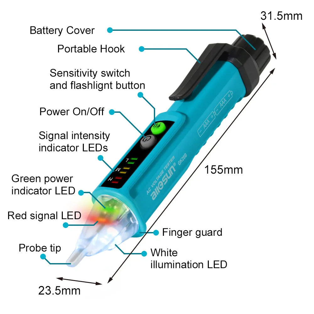 ALLOSUN GK28B Non-Contact AC Voltage Detector, 12V-1000V/48V-1000V Electrical Circuit Outlet Tester, Dual Sensitivity Range,