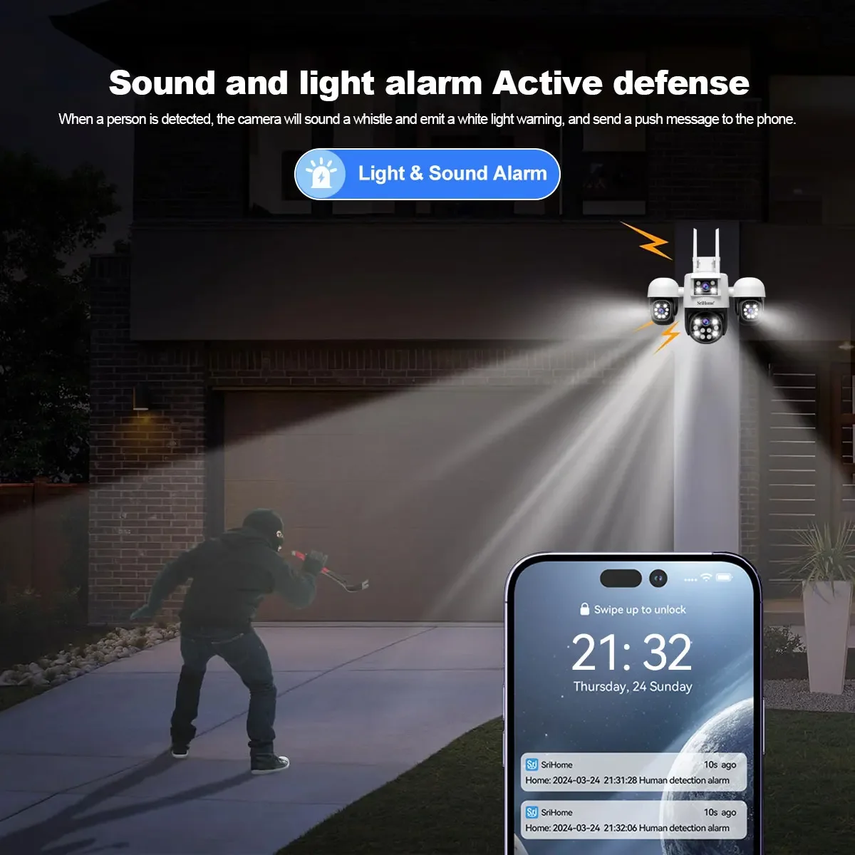 Srihome SH069 Cámara de vigilancia WiFi de 8MP 4 lentes Zoom 3X CCTV Smart Home360 °   Cámara de seguridad impermeable con seguimiento panorámico HD AI