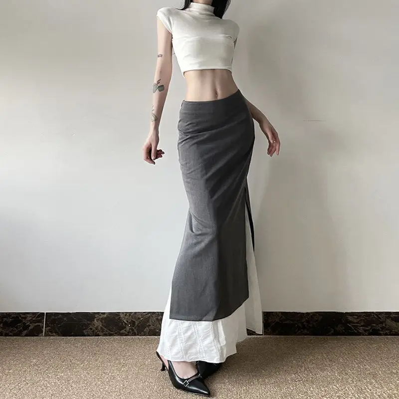 Splicing Fake Two-piece Skirt with High Waist and Slimming Effect, Over Knee Long Skirt, High-end