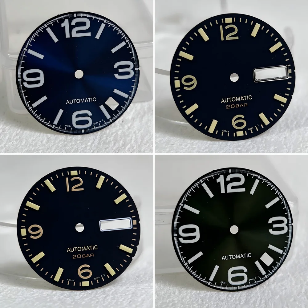 28.5mm Matte/Sunburst Dive Watch Dial 12/3/6/9 Arabic Numeral Green Luminous Metal Framed Day Date For NH36 DIY Watch Mod Parts