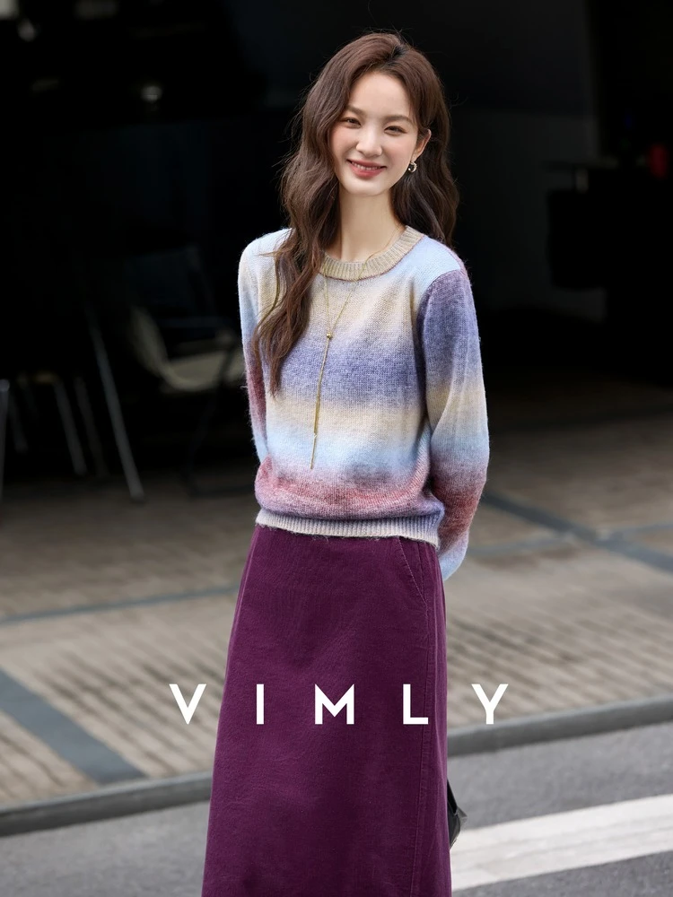 

VIMLY Women's Autumn Two Piece Skirt Set 2025 Casual Ombre Purple Knit O-neck Tops Straight Long Skirts Elegant Skirt Suit A2539