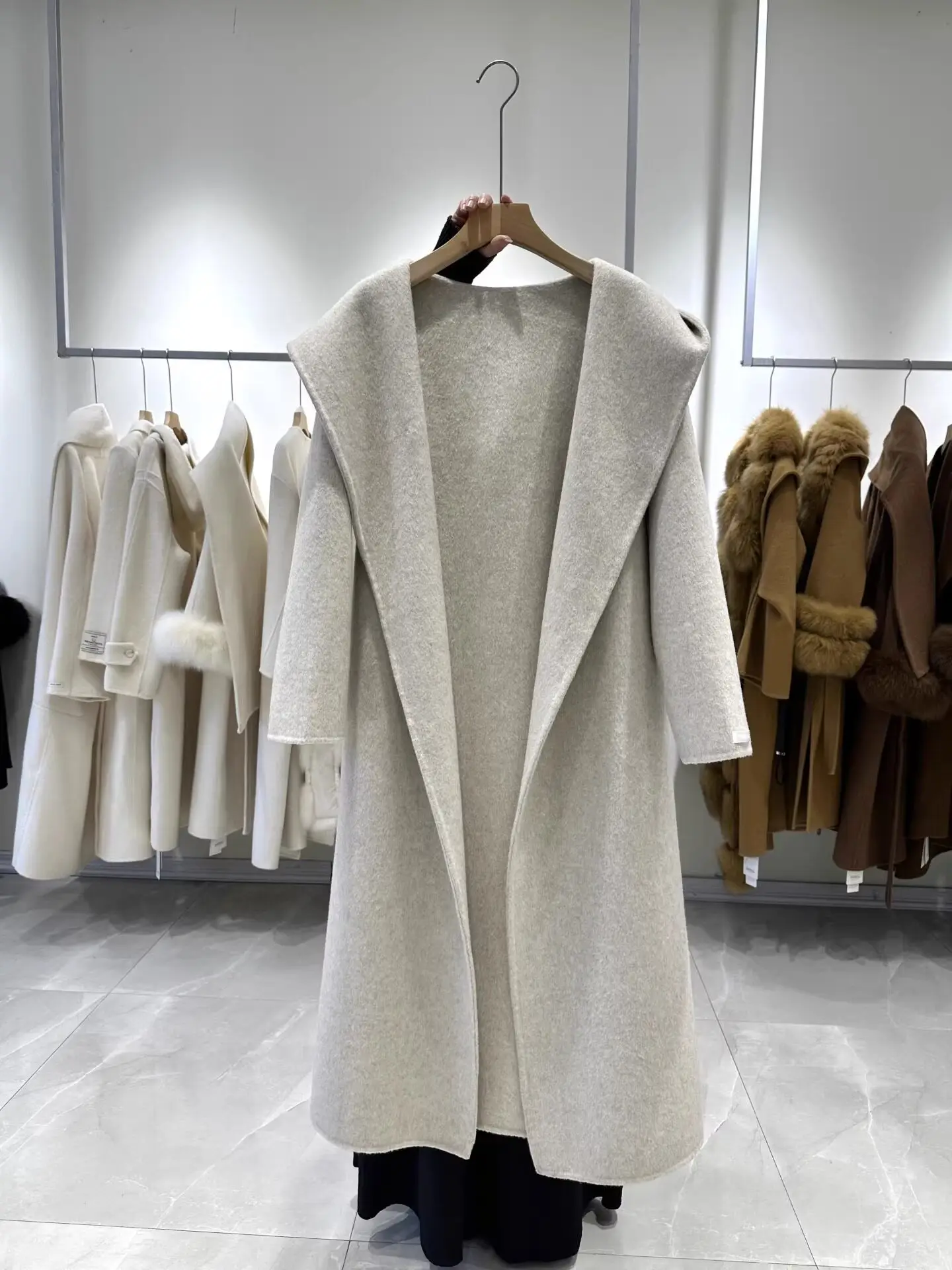 Classic Hooded Double Face Wool Coat For Women Autumn Winter New Oversized Loose Long Bathrobe Style Woolen Outerwear For Ladies