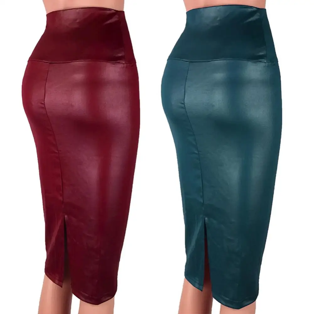 Moda elegante cintura alta divisão saia de couro falso feminino na altura do joelho bodycon saia lápis