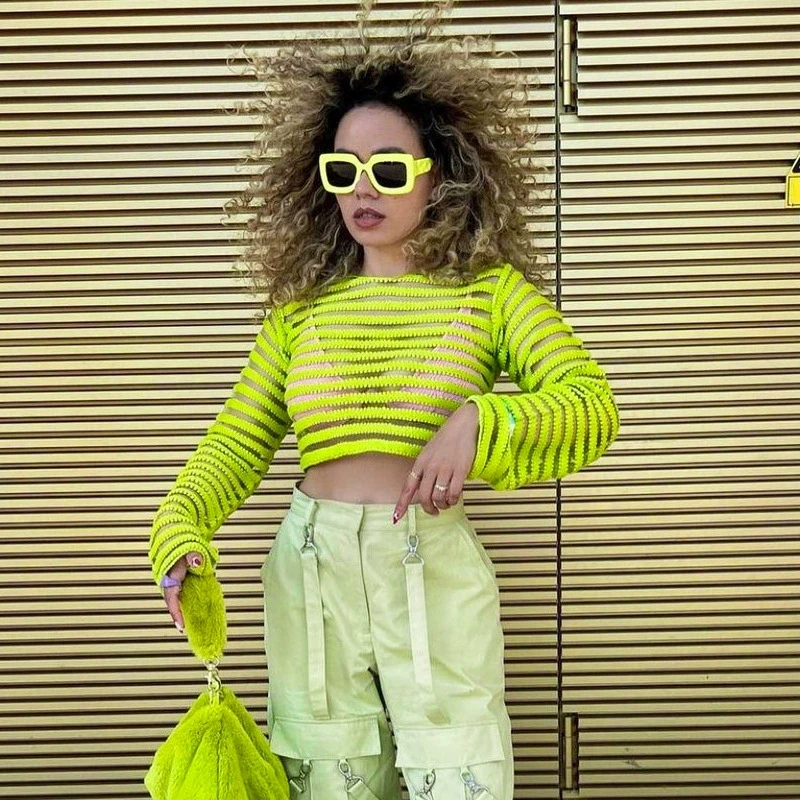 CHEEKDOURL Summer Europe and the United States fashion women\'s mesh perspective stripes crop shirt short bright color top