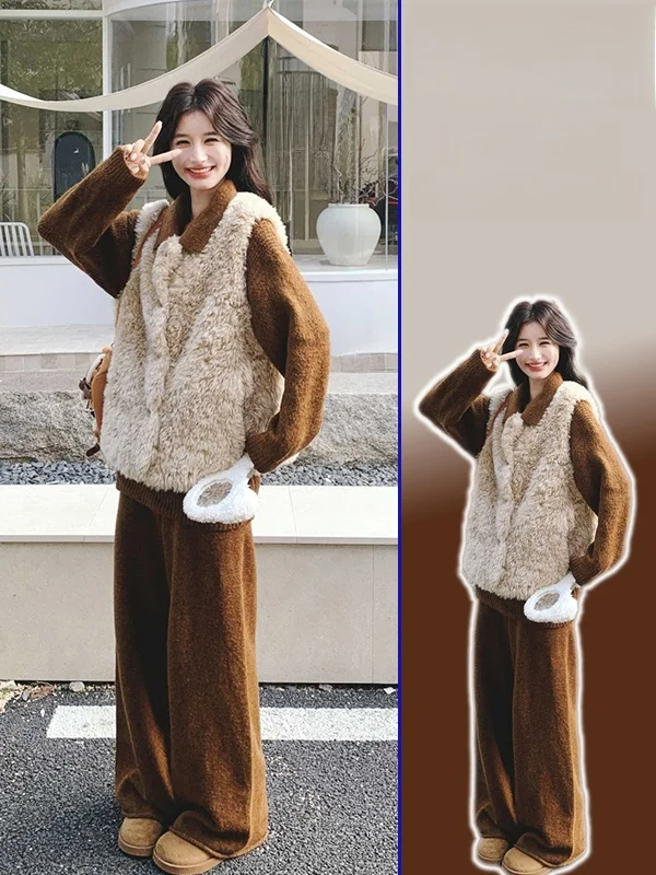 

plus Size Women's Korean Sle Knitted Lamb Fur Vest High Waist Wide Leg Pants Tee Piece Set Warm Casual Faion Ensemble