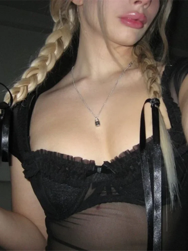 

Sexy Mesh Sheer Y2k Top Casual Slim Solid Shirts For Women Fashion Short Sleeve Square Neck T Shirt Aesthetic Women Clothes