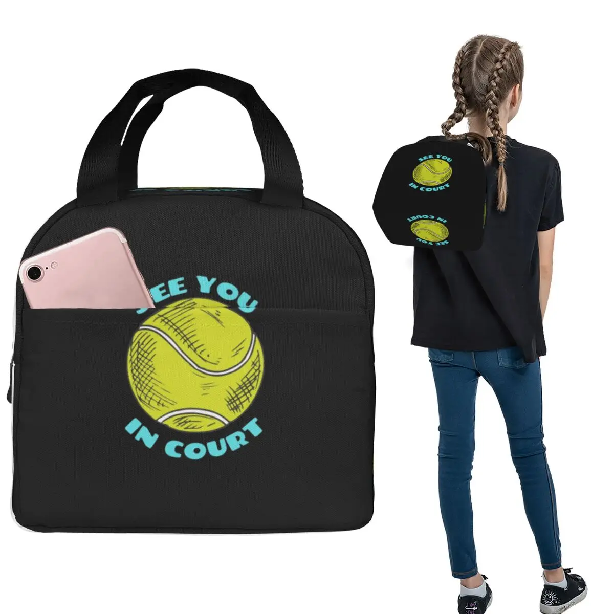 See You In Court Funny Tennis Player Insulated Lunch Bag for Women Children Portable Food Boxes Thermal Lunch Box Tote