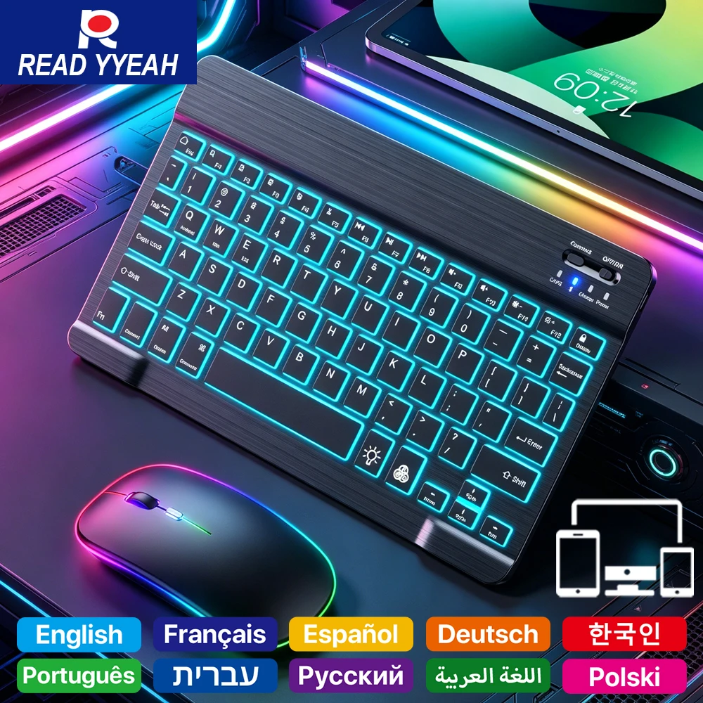 READ YYEAH RGB Backlit Bluetooth Keyboard Mouse Combo Multi-language Rechargeable Wireless Keyboard for Tablet Laptop PC Gaming