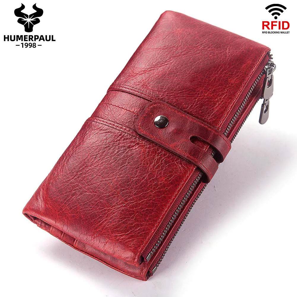 HUMERPAUL RFID Women's Wallet Genuine Leather Multifunctional With Zip Coin Purse Blocking  Large Capacity Cell Phone Bags