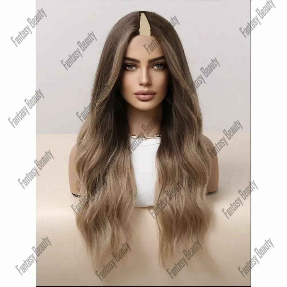 U part Glueless Body Wavy Human Hair Wig Brown Ombre Ash Blonde Wigs for Women Daily Easy Wear Opening 1x4 V part Wigs Cosplay