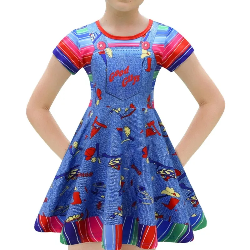 Fashion Baby Girl Chucky Custome Dress Short Sleeve Teens Child Cosplay Vestido Halloween Party Carnival Kids Clothes 4-8Y - view 3