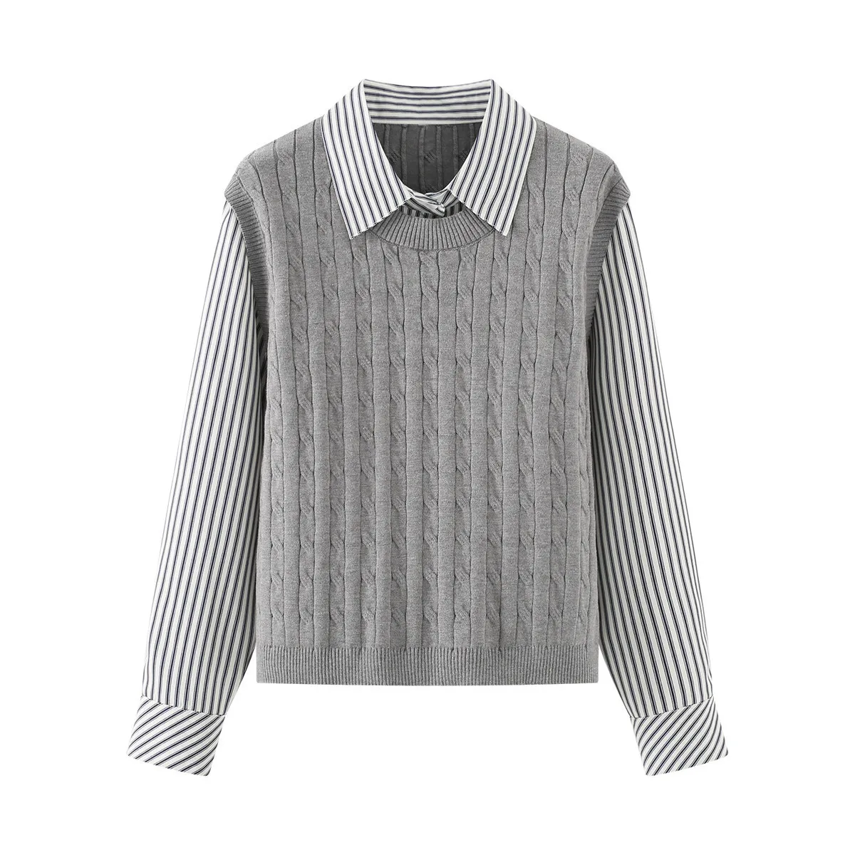 Nouveau 2025 hiver coton mélange pull, femmes revers rayures, Mori Girl Chic tricot ample faux 2 pièces pull pull T5N528CC