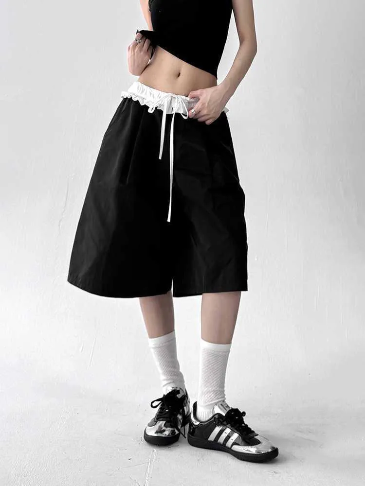 Women's Wide Leg Cargo Shorts Ruffle Waist Drawstring Loose Fit Casual Streetwear Summer Y2K Aesthetic High Waist Shorts