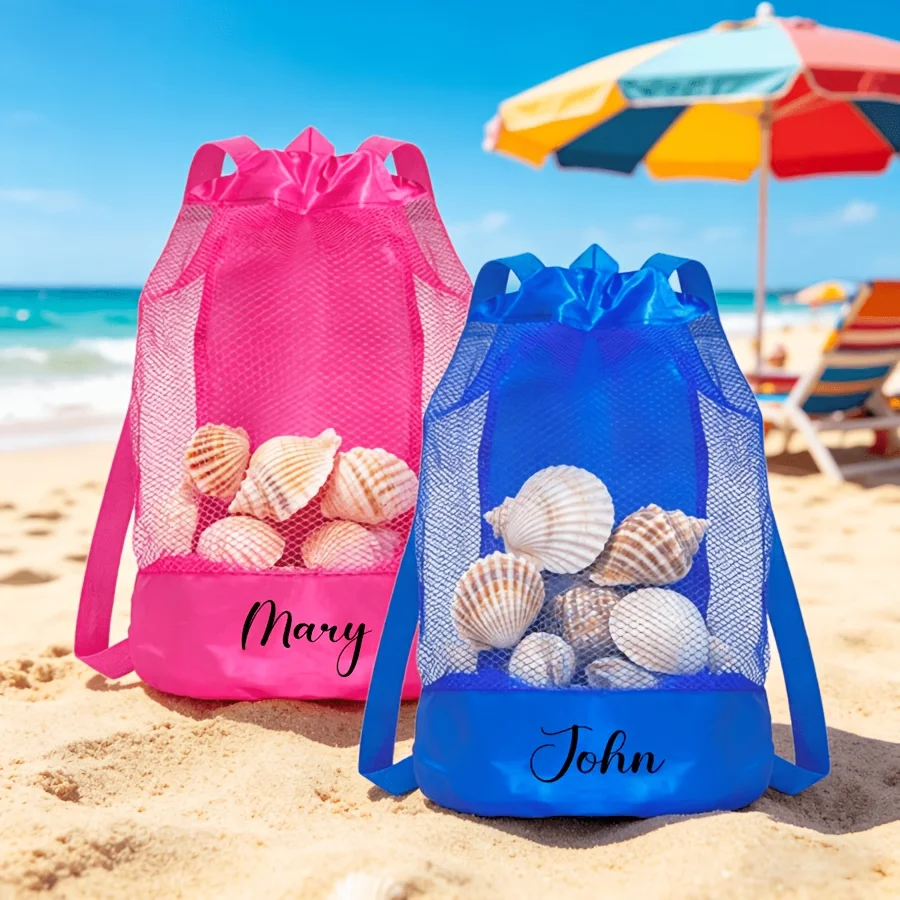 1 Customizable Drawstring Gym Bag with Name, Beach Storage Bag, Large-Capacity Mesh Pockets, Multifunctional Travel Backpack