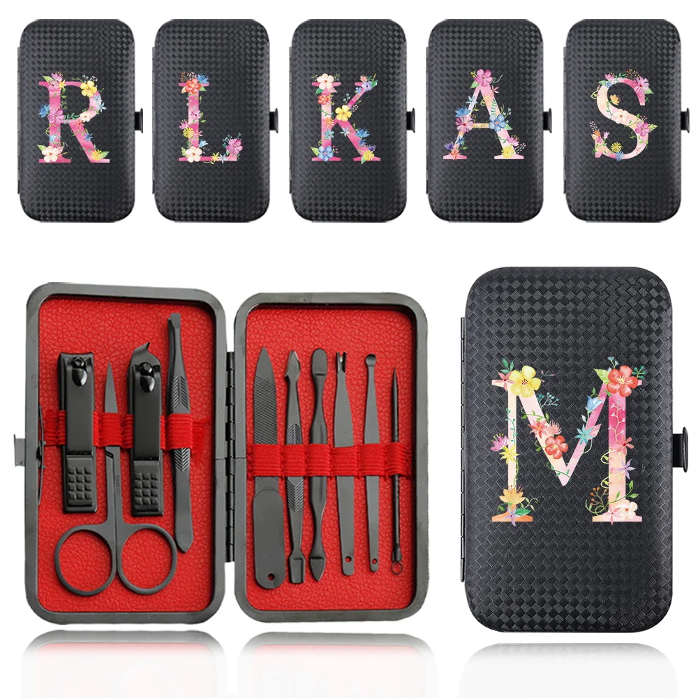 

10Pcs Portable Manicure Kit Stainless Steel Nail Clippers Set Pedicure Organizer Pink Letter Pattern Nippers Trimmer Care Tool