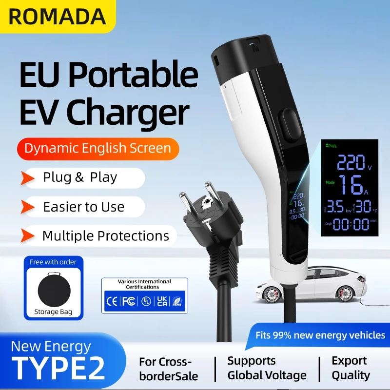 ROMADA 3.5KW Portable Electric Vehicle Charger 3M 5M 10M Cable TYPE2 EU Plug Digital Display Adjustable Current 8/10/13/16A