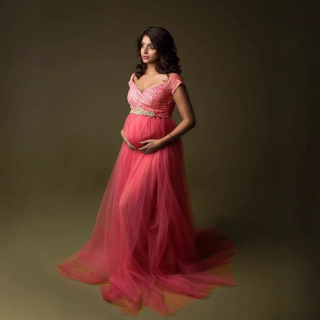 ملابس الحمل الأوروبية والأمريكية للنساء بأكمام قصيرة من الدانتيل الشبكي فستان قطار الأمومة للتصوير الفوتوغرافي #4