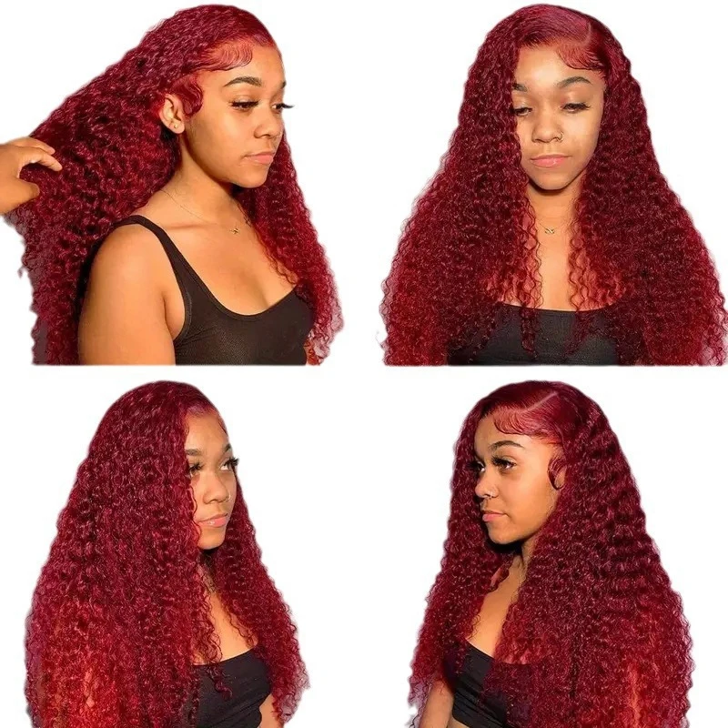 Venta de liquidación: pelo rizado pequeño rojo vino de 18-26 pulgadas, pelo sintético de encaje frontal 13x4, adecuado para pelucas tejidas a mano para mujeres