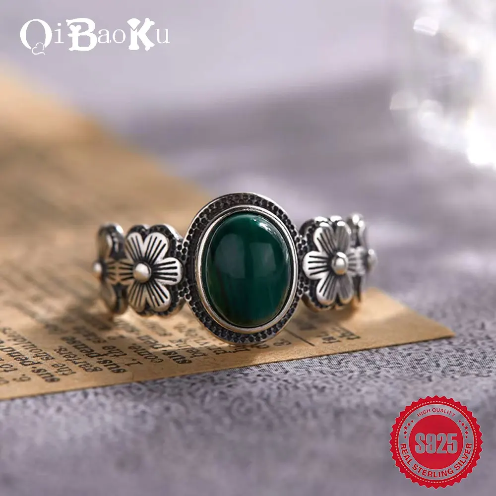 

QIBAOKU S925 кольцо из стерлингового серебра тайское серебро натуральный камень павлина кольцо женское ретро индивидуальное вечерние в стиле панк регулируемое