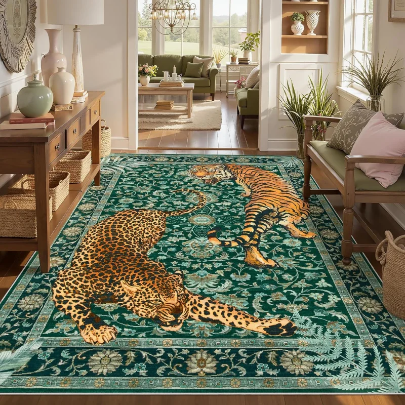 VIKAMA Bohemian Leopard Area Rug for Living Room and Bedroom, Slippery Floor Mat for Office, Dining Room Carpet, Home Decoration