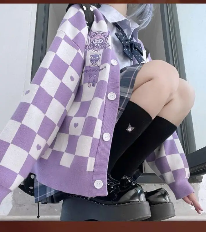 Sanrios بلدي ميلودي Pompompurin التطريز محبوك سترة أنيمي سينامورول الشطرنج كلية نمط Jk موحدة سترة هدية