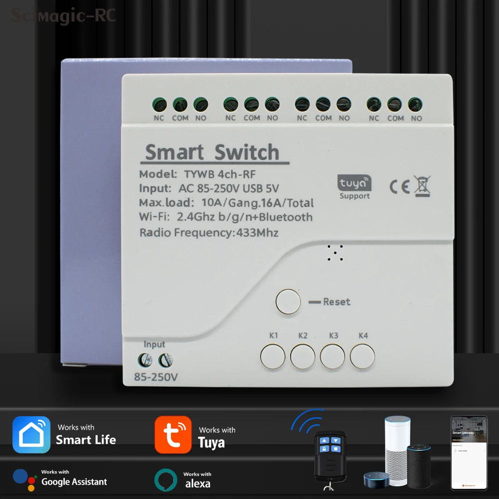 

TUYA 4CH Smart Switch Relay RF433 WIFI Таймер Приемник Модуль 12 В 24 В 220 В 230 В Сухой контакт для управления двигателем освещения Alexa Work