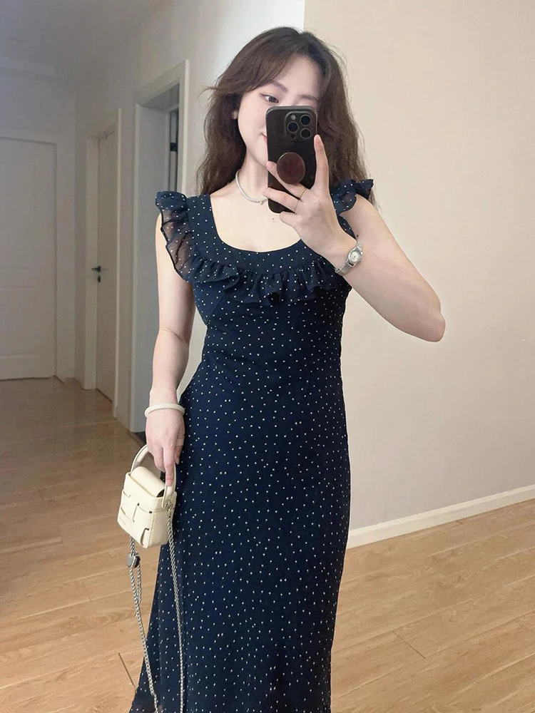 Hebe Sle Polka Dot Chiffon Dr Femmes Été Grande Taille Belle Taille Cinched Jupe Longue Français Sle Taille Haute A-Line...