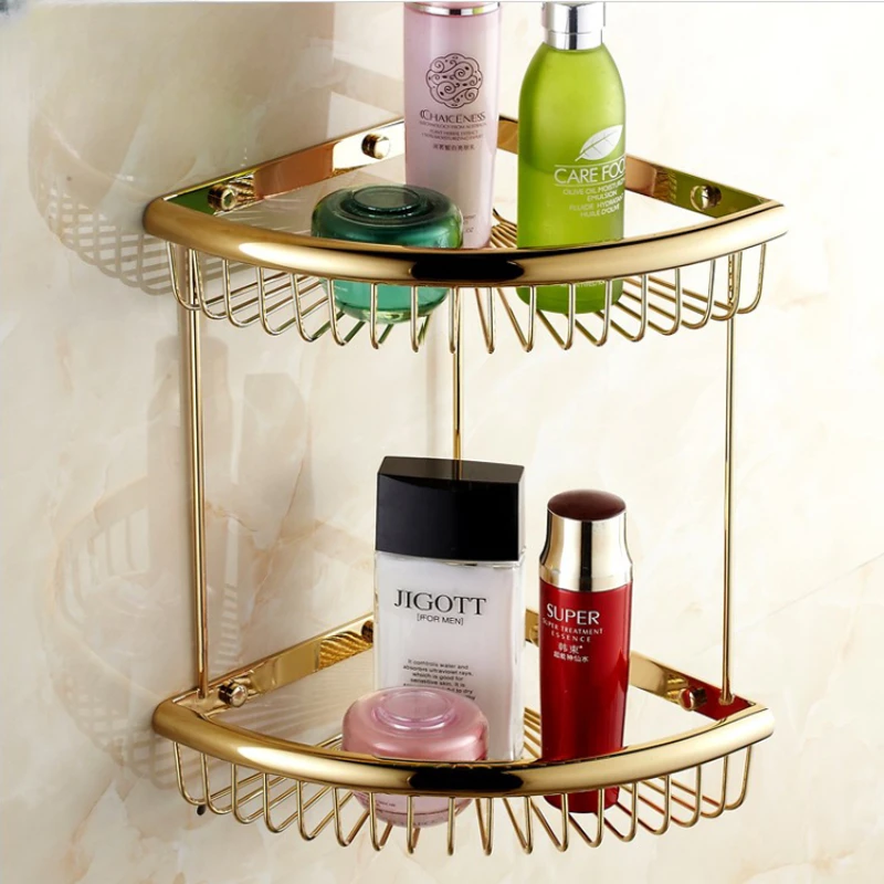 European Hooked Net Basket Bathroom Corner Shelf Full Copper Storage Rack Wide Edge Angle Container Sophisticated Organization