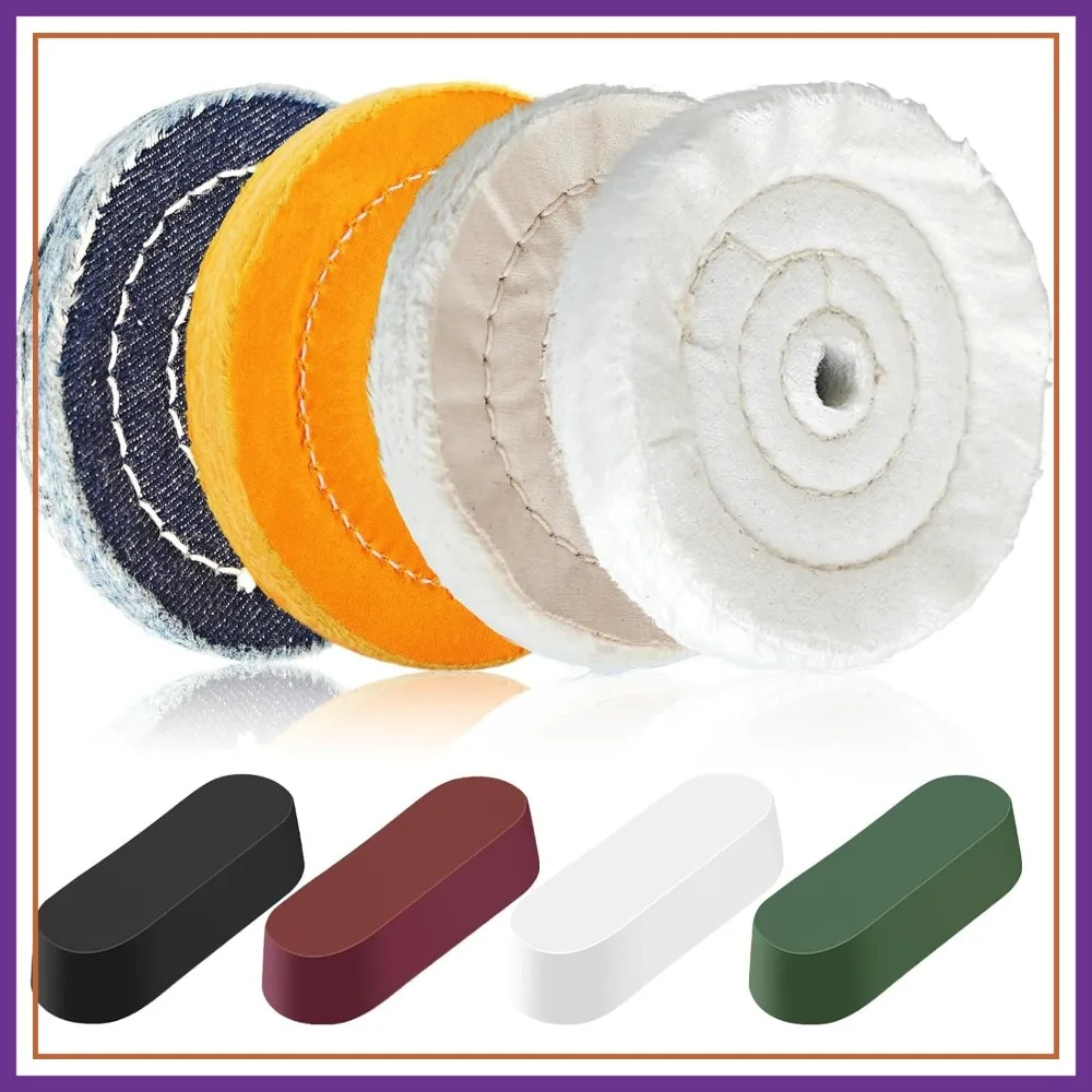 

8PCS 4" Buffing & Polishing Wheel Kit for Bench Grinder, 1/2" Arbor, Denim/Yellow/White/Flannel with 4 Polishing Compounds