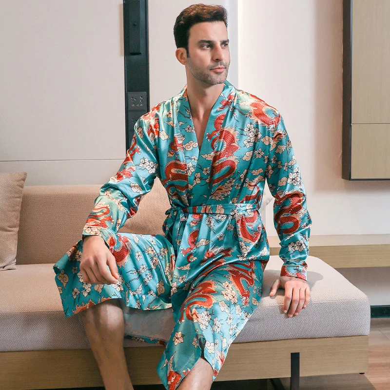 Men's Spring Autumn Silky Satin Dragon Print Kimono Robe Oversized Pajamas Male Long Sleeved Bathrobes Ice Silk Home Clothing