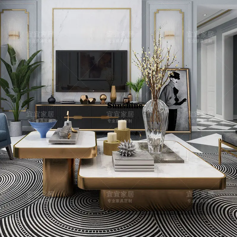 

Marble coffee table combination Italian light luxury living room stainless steel square table