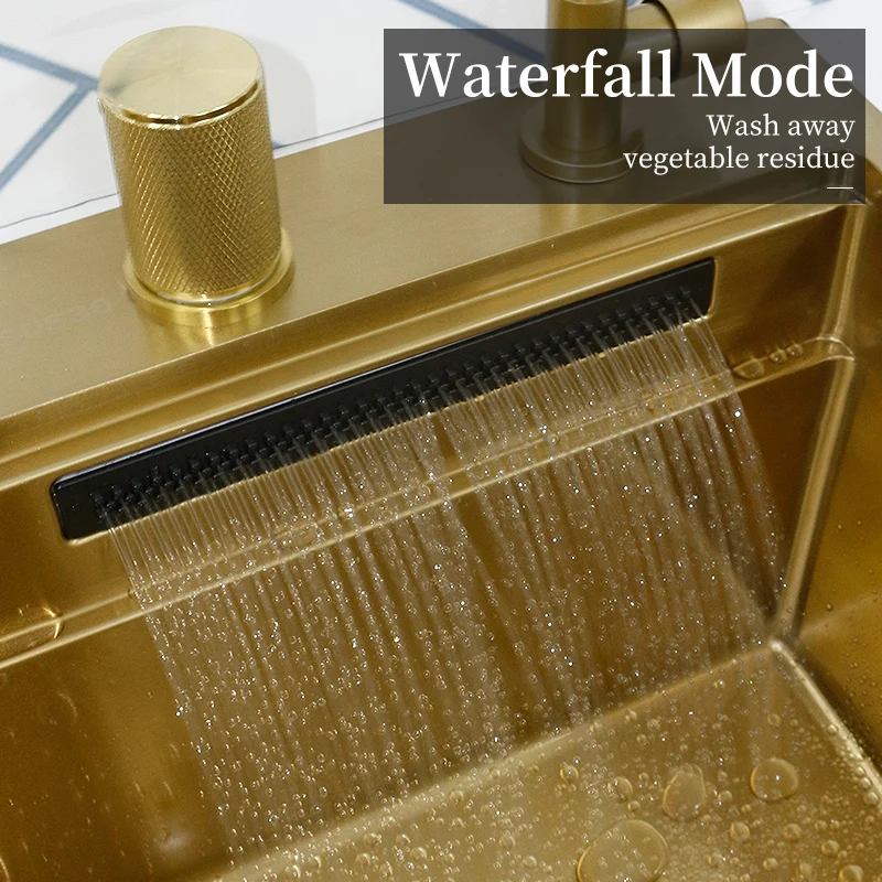 304 Stainless Steel  Waterfall Kitchen Sink Gold Modern Multifuctional Large Sink Above Counter Apron Front Installation
