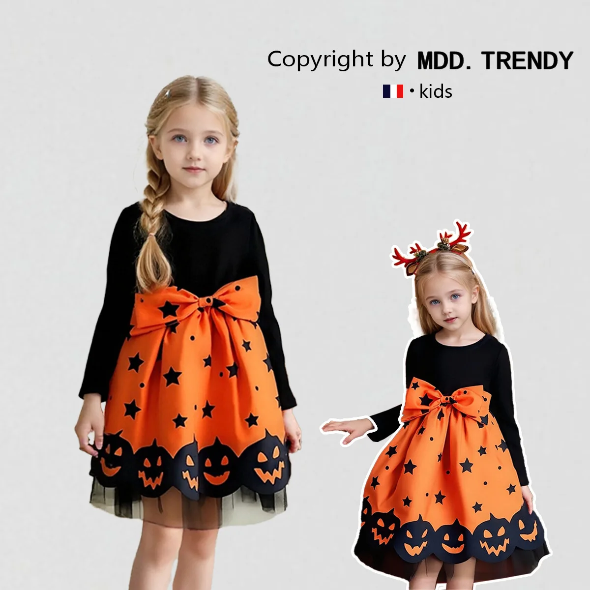 Girls Dress 2025 Autumn Winter Halloween Pumpkin Print Dress Girls Children's Costume Fashion Casual