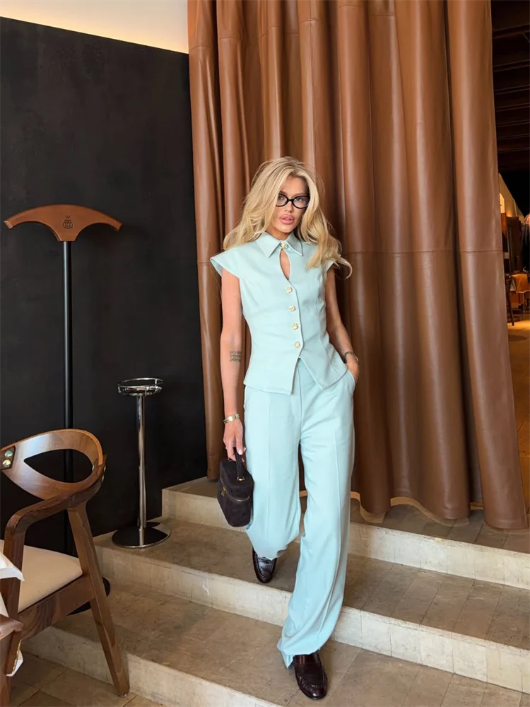 Conjunto de Pantalones de 2 Piezas para Mujer, Blazer Elegante con Manga Corta, Pantalones de Pierna Recta de Cintura Alta, Traje de Falda, Atuendo Femenino de Verano 2026