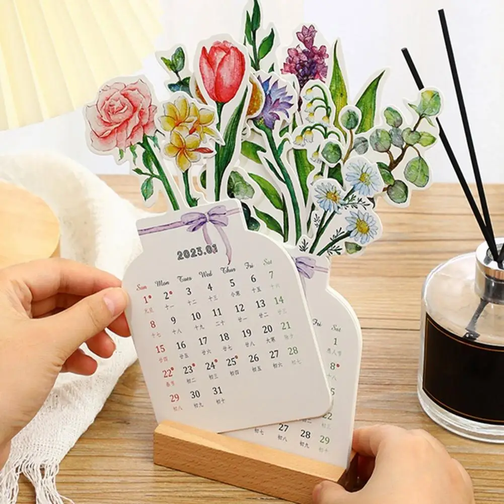 2024 Desk Calendar with Wooden Base Cartoon Theme Card Type 12 Months Jan to Dec 2024 Home Monthly Desktop Calendar