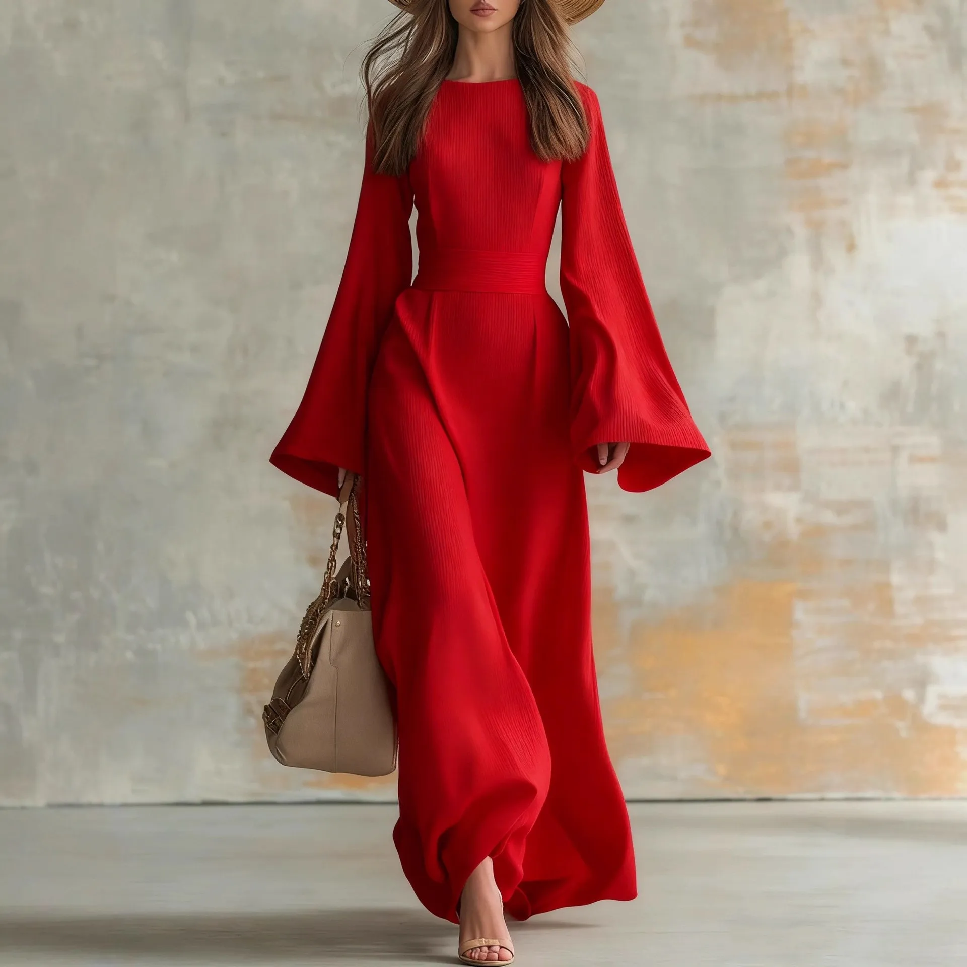 Long Sleeve Pull on Gown High Waist Light Mature Style with No Iron Finish Full Skirt Midi Waist Winter Party Dress for Women