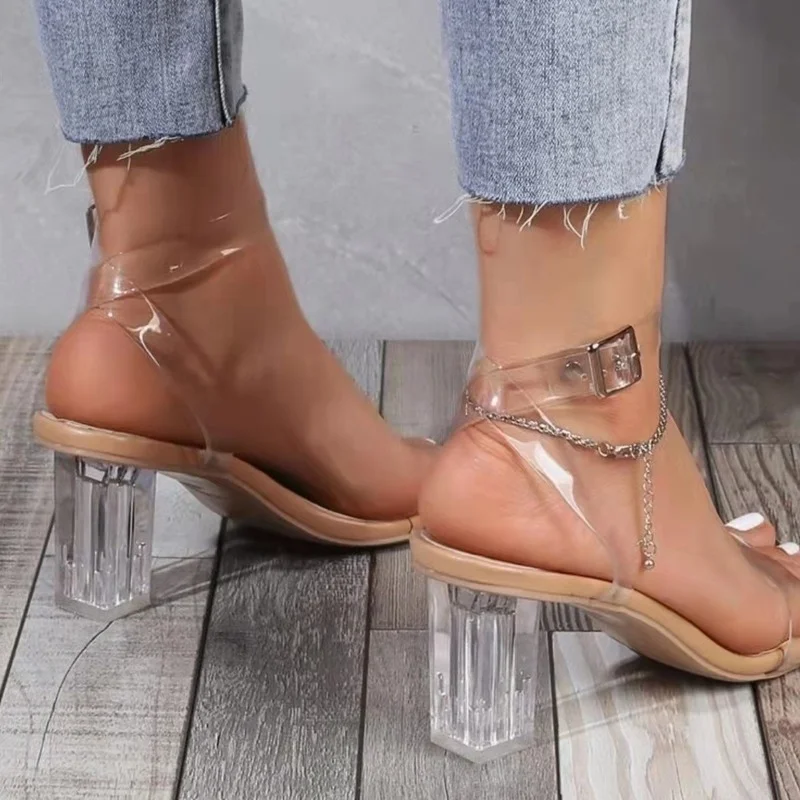 PVC Transparent Heel Women Sandals Summer Shoes Thick Heel Square Toe High Heel Plus Size 35-42 Ladies Sandal Heels Sandaleas