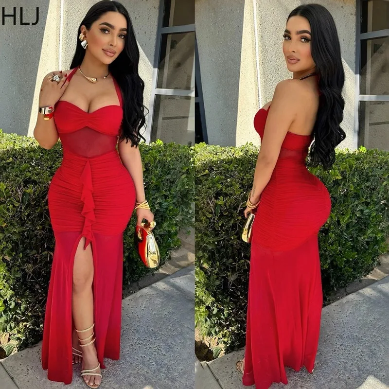 

HLJ Sexy See Through Bodycon Long Dresses Women Halter Sleeveless Backless Dress Female Party Clubwear Vestidos Summer 2025 New